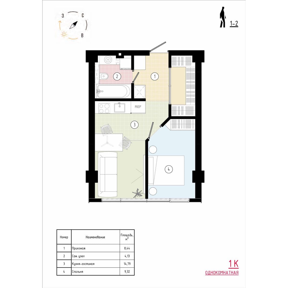 1 комн., 37.4 м²