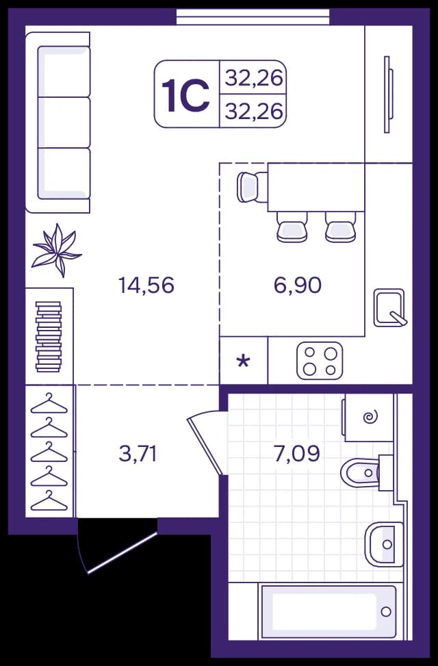Студия, 32.3 м²