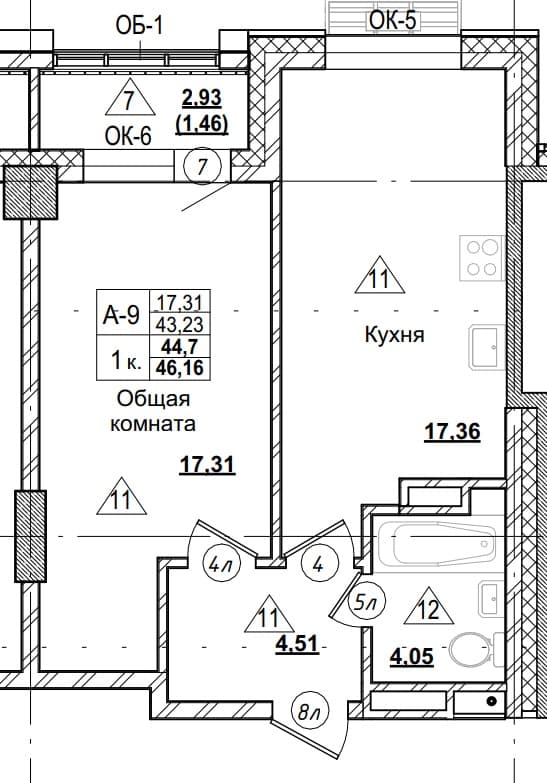 1 комн., 44.7 м²