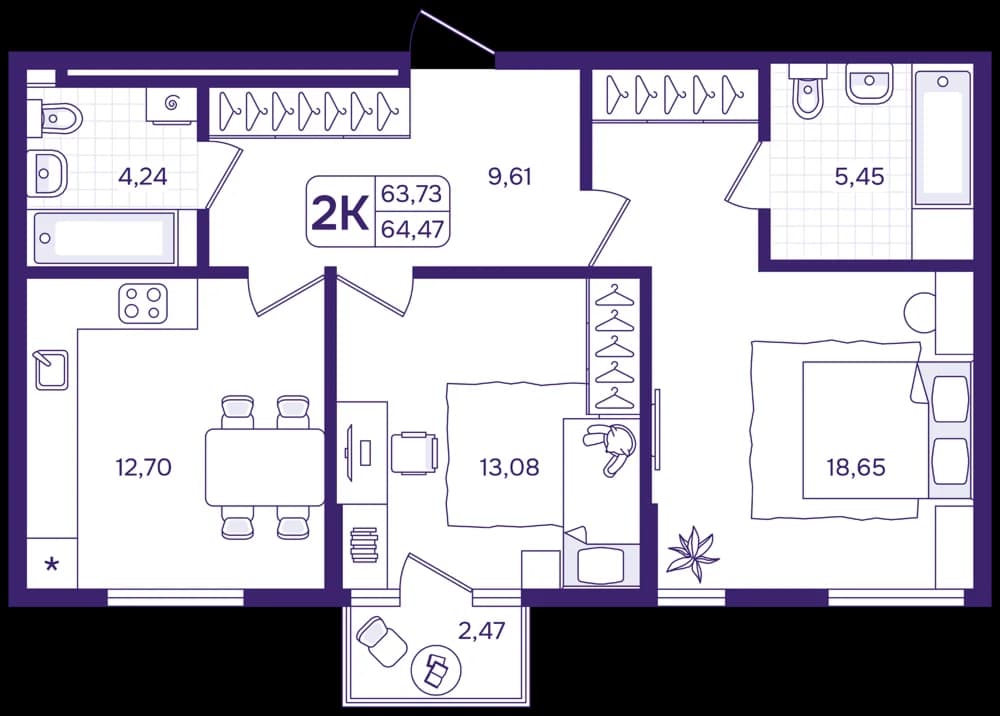 2 комн., 64.5 м²