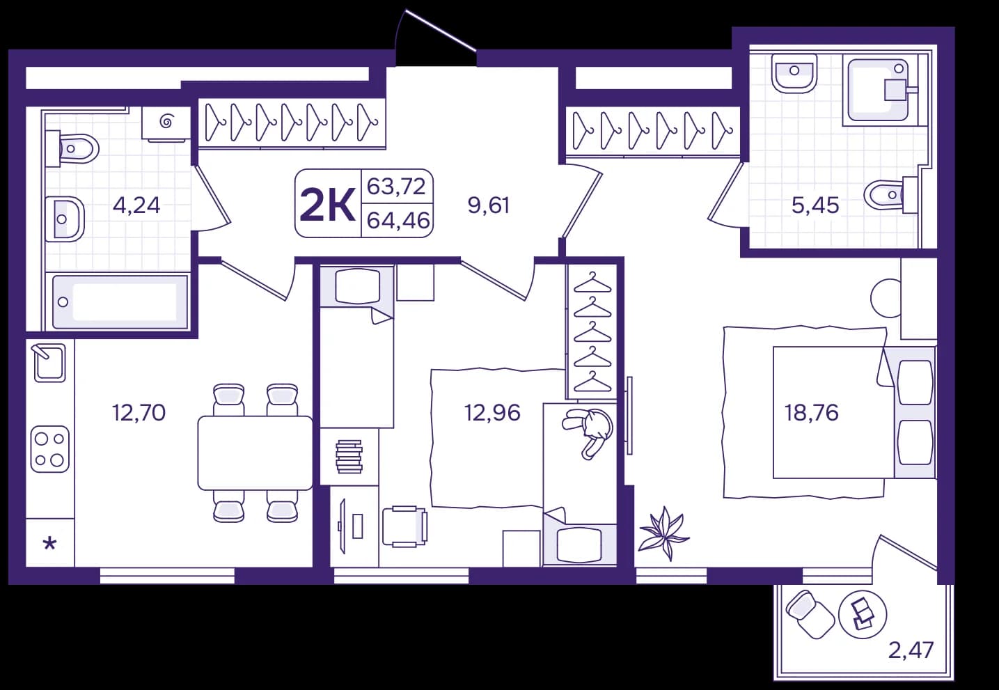 2 комн., 64.5 м²