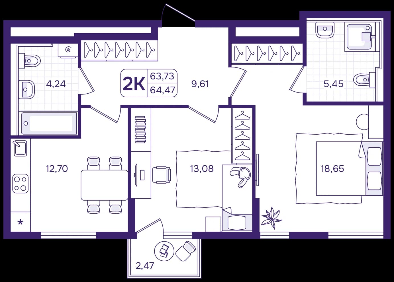 2 комн., 64.5 м²