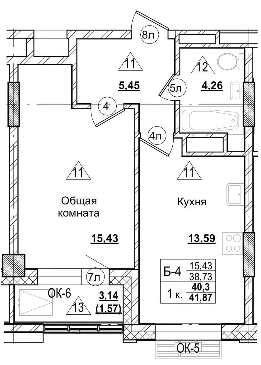 1 комн., 40.3 м²