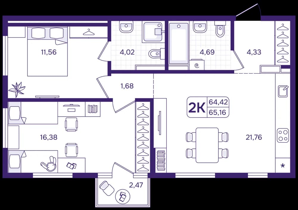 2 комн., 65.2 м²
