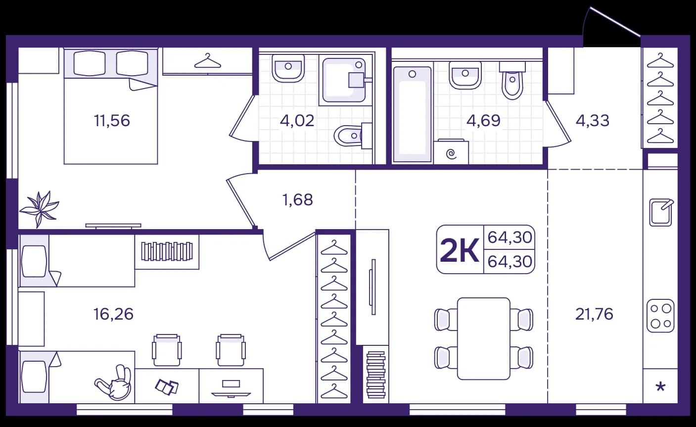 2 комн., 64.3 м²