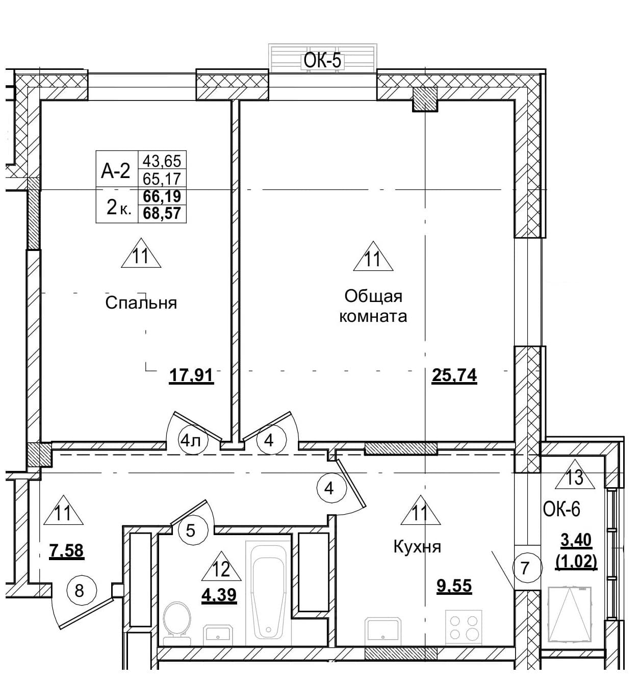2 комн., 66.2 м²