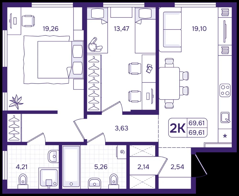 2 комн., 69.6 м²