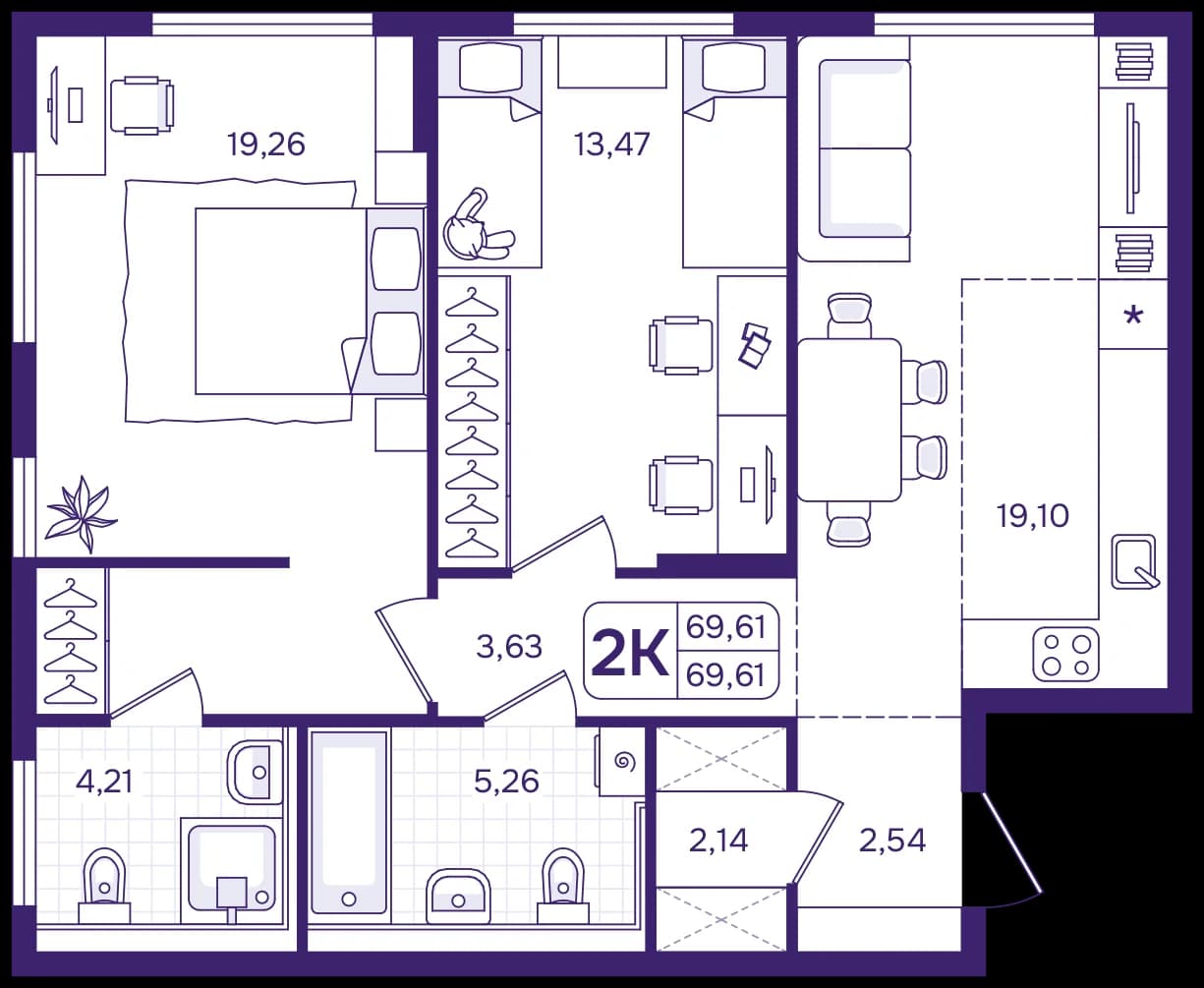 2 комн., 69.6 м²