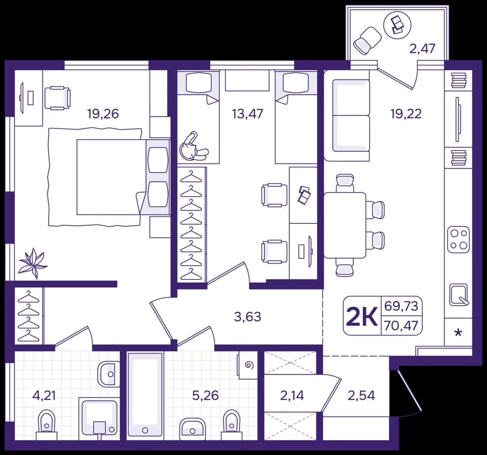 2 комн., 70.5 м²