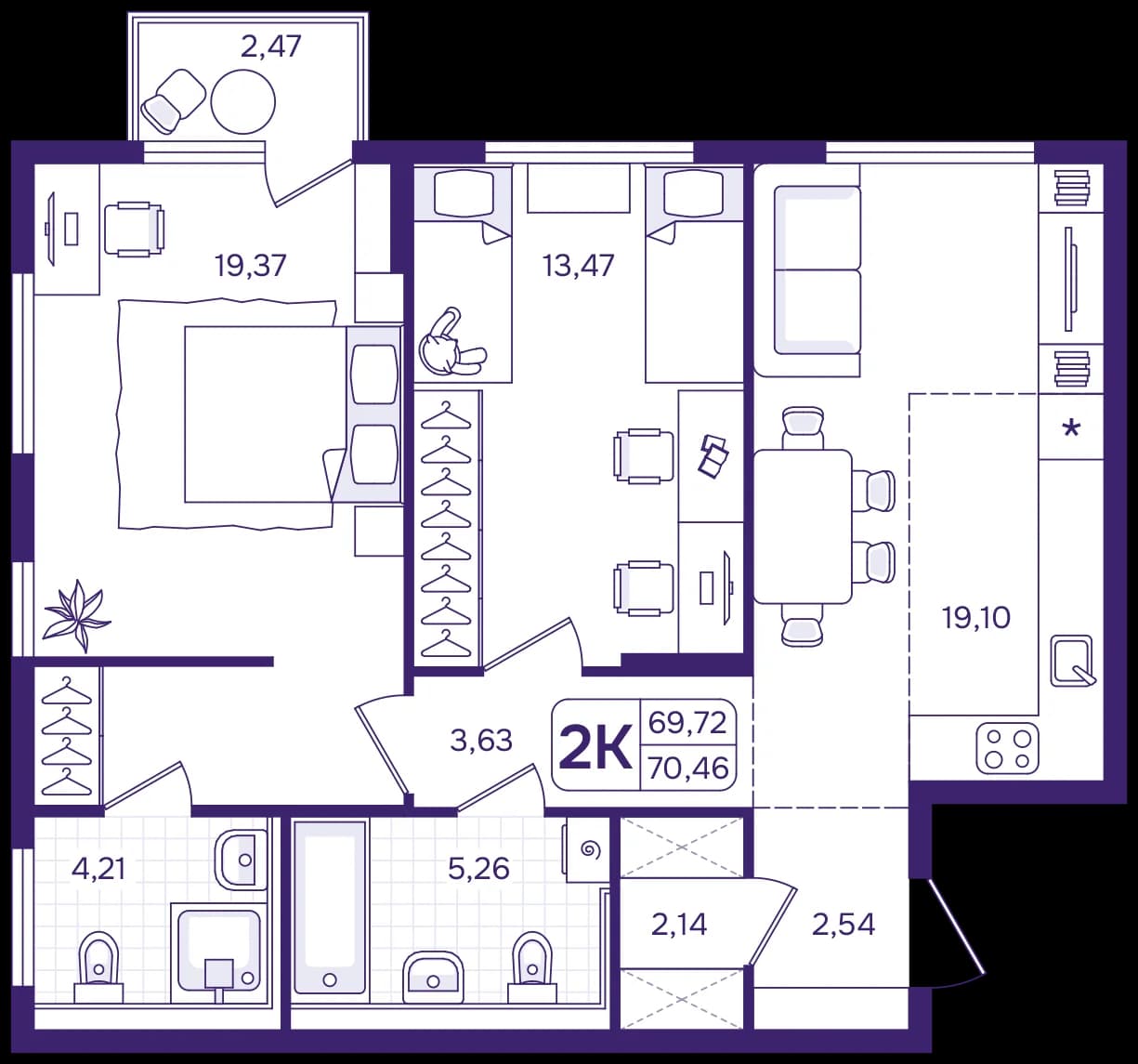 2 комн., 70.5 м²