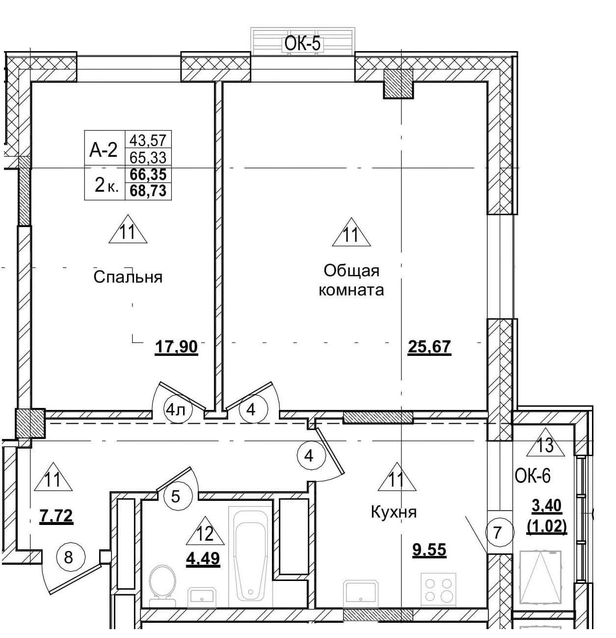 2 комн., 66.3 м²