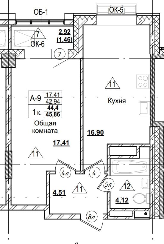 1 комн., 44.4 м²