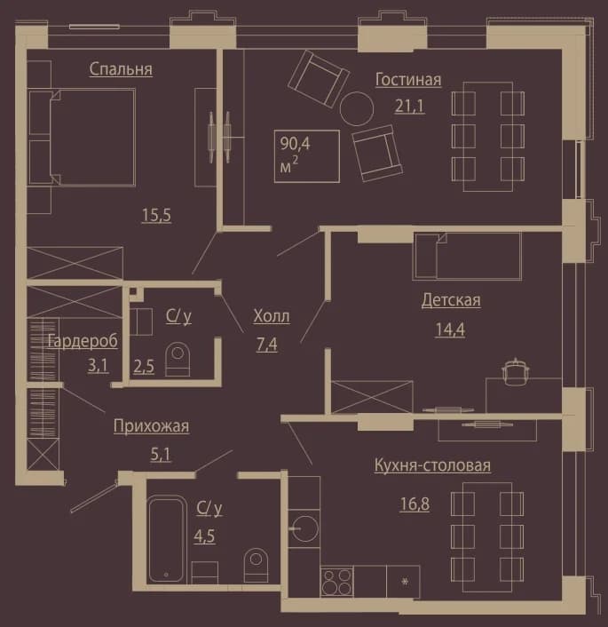 4 комн., 90.6 м²