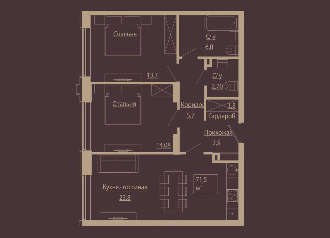 3 комн., 71.1 м²