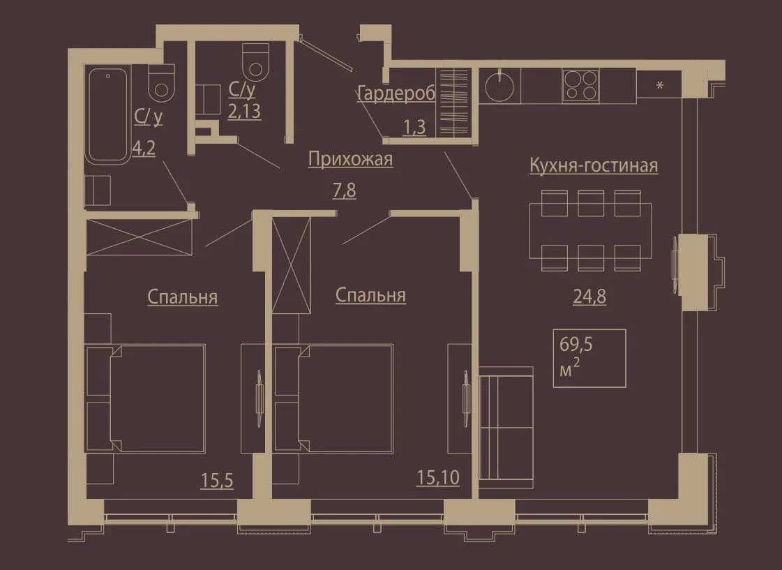 3 комн., 69.5 м²