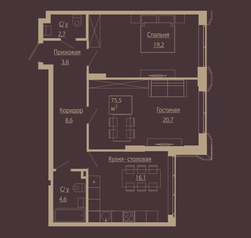 3 комн., 74.6 м²