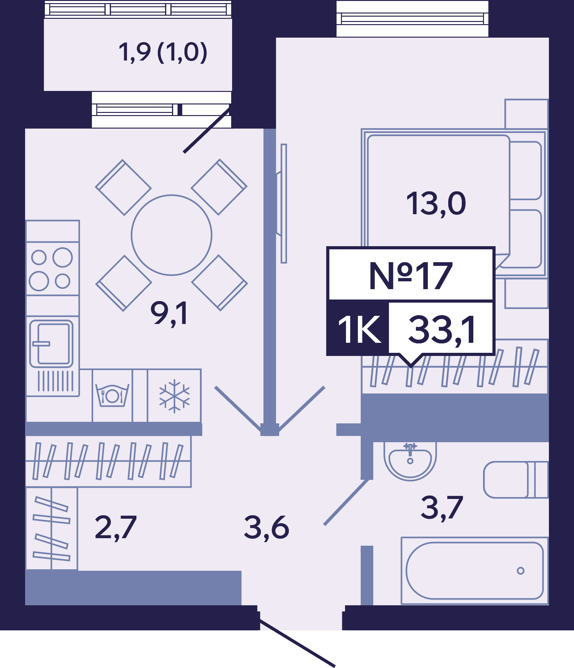 1 комн., 33.1 м²