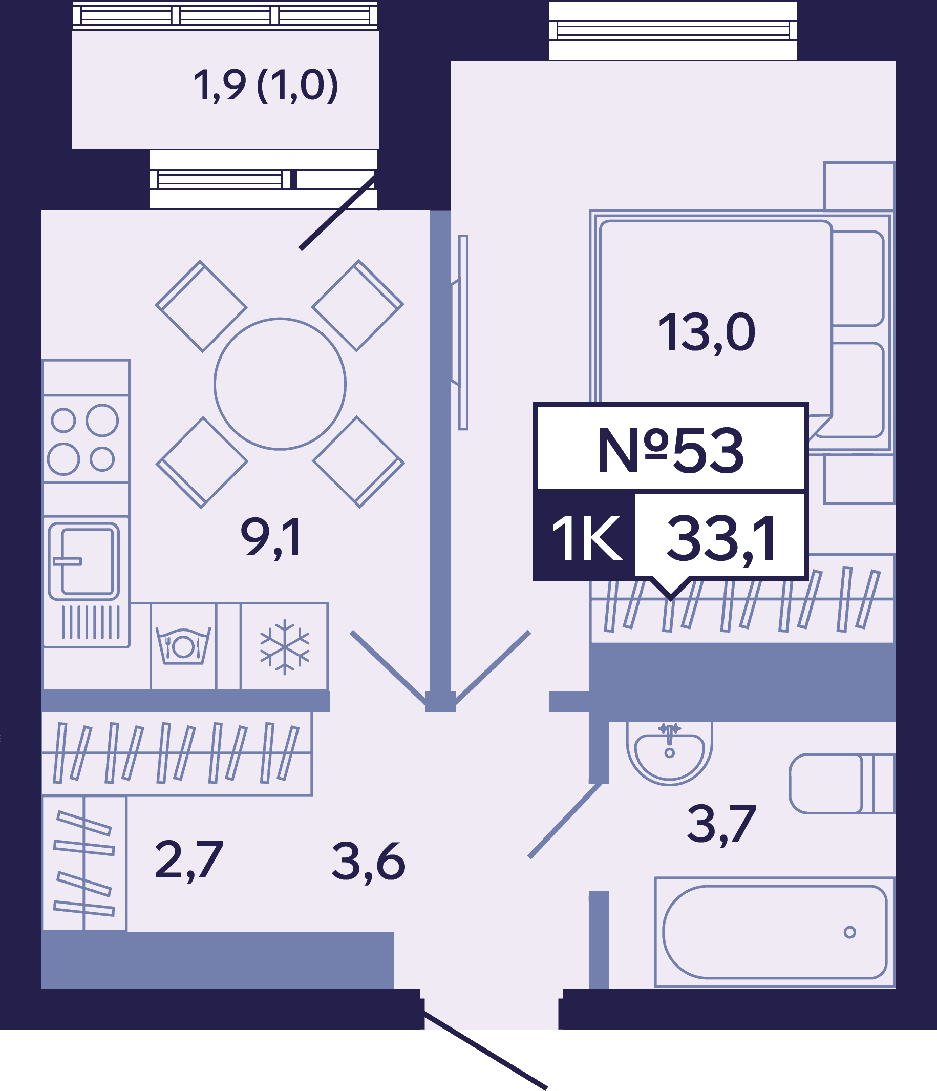 1 комн., 33.1 м²