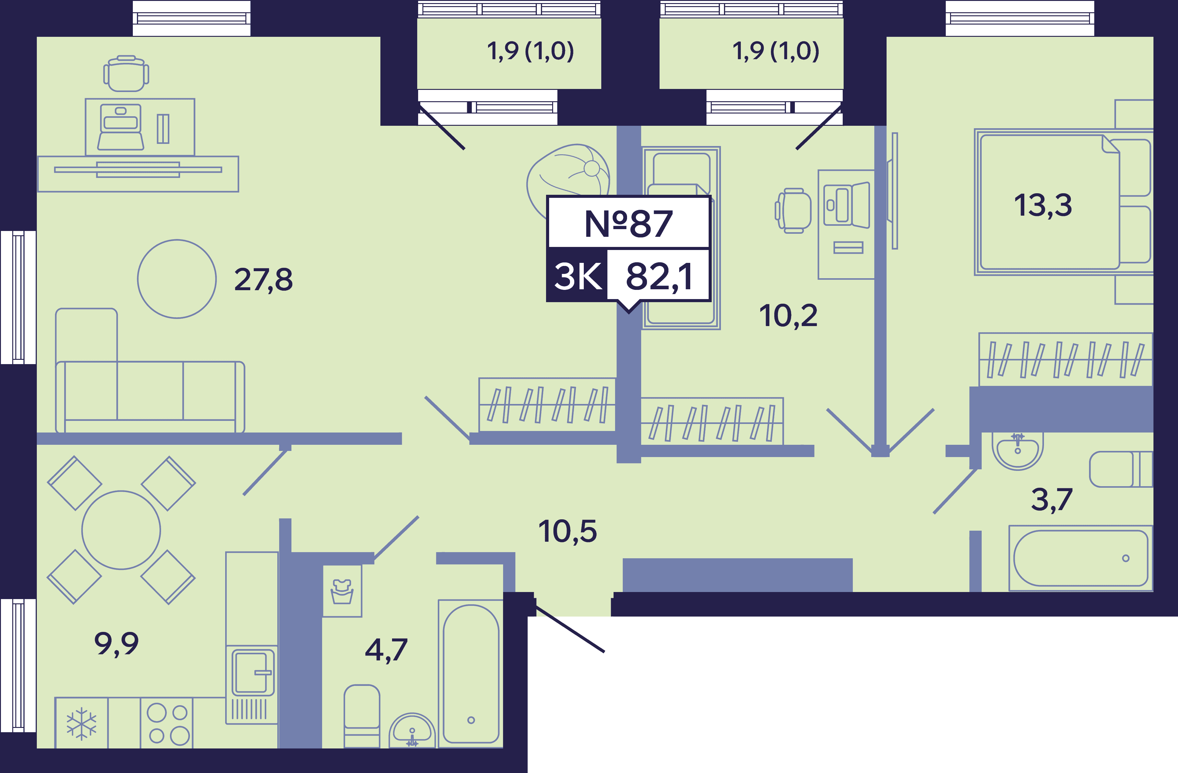 3 комн., 82.1 м²