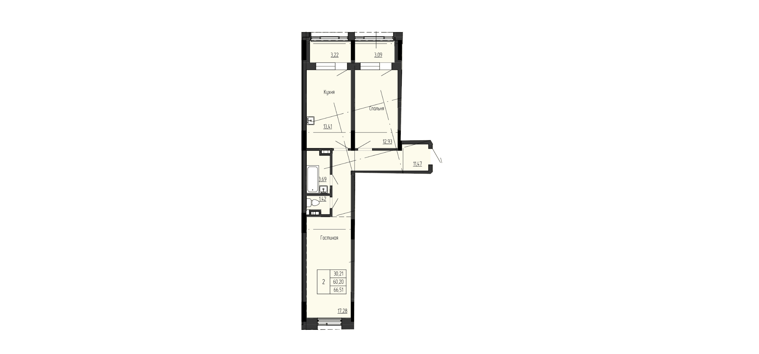 2 комн., 66.4 м²