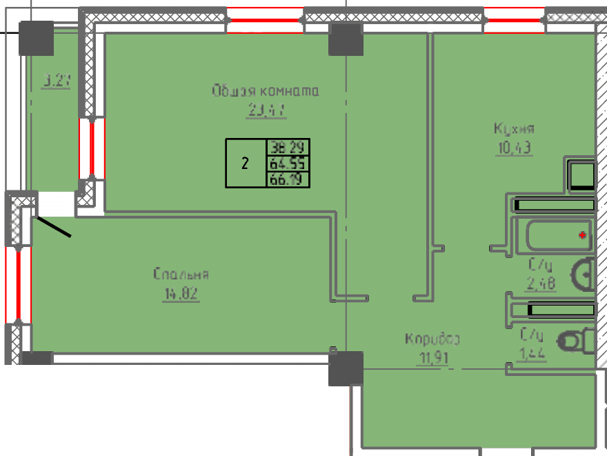 2 комн., 66.2 м²