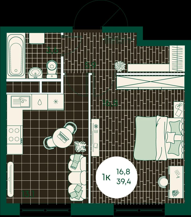1 комн., 39.4 м²