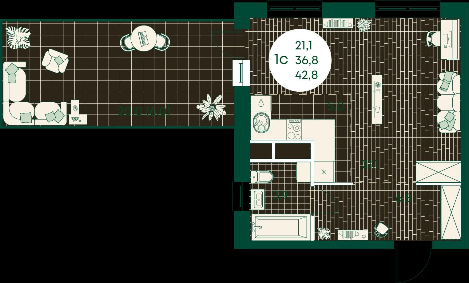 Студия, 42.8 м²