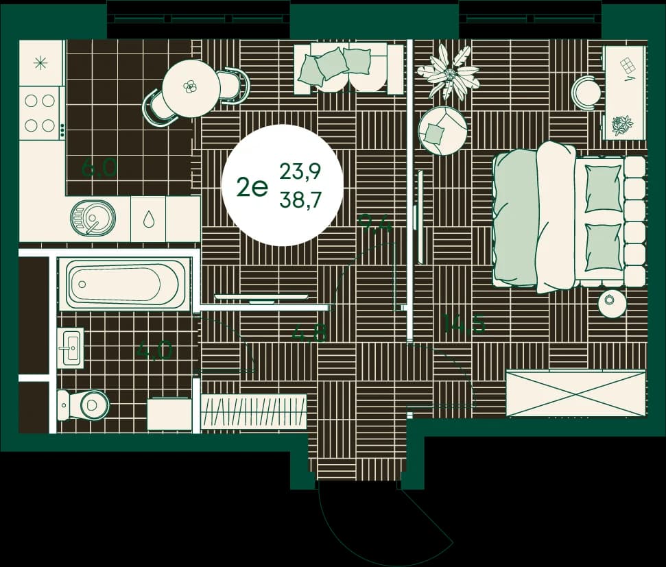 2 комн., 38.7 м²