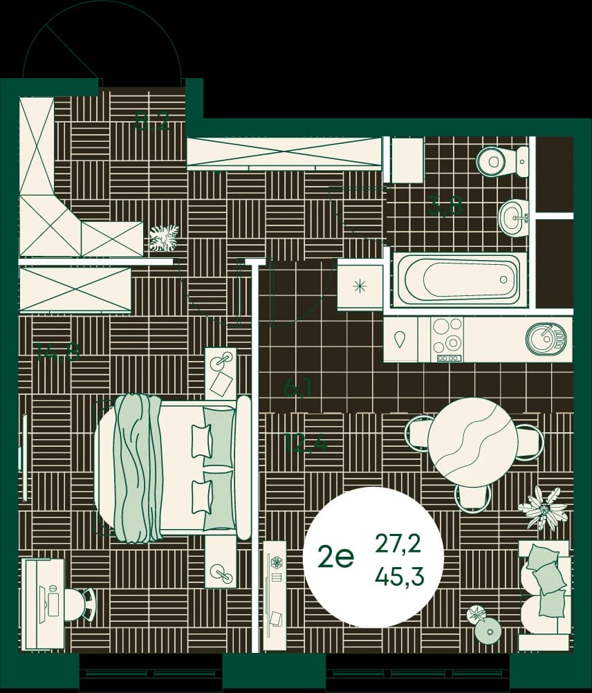 2 комн., 45.3 м²