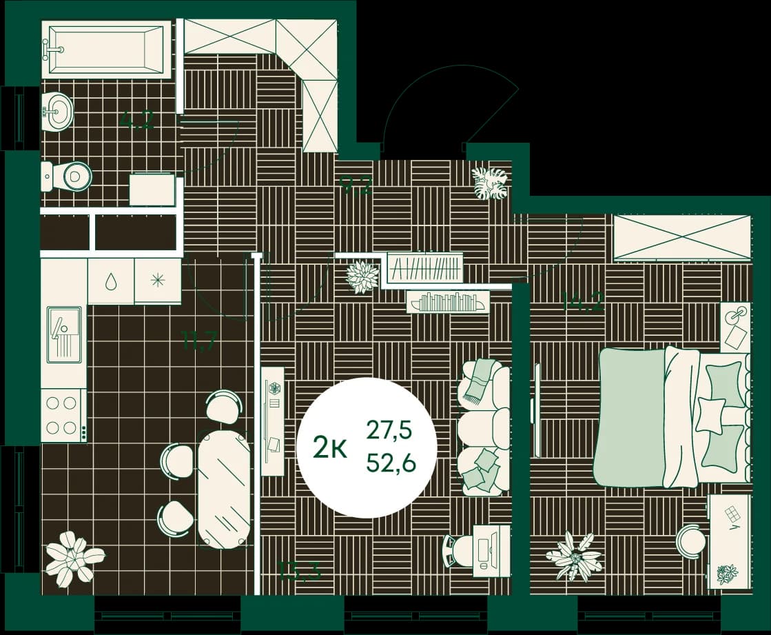 2 комн., 52.6 м²