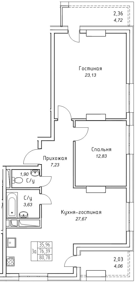 3 комн., 80.8 м²