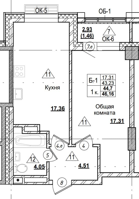 1 комн., 44.7 м²