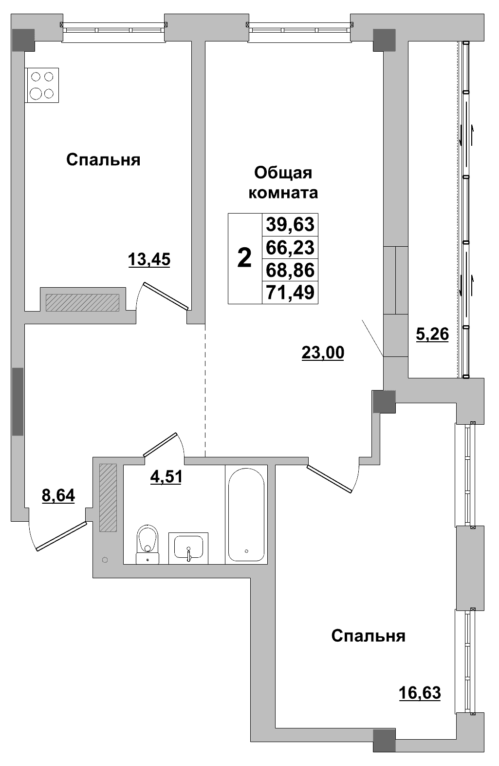 2 комн., 68.9 м²