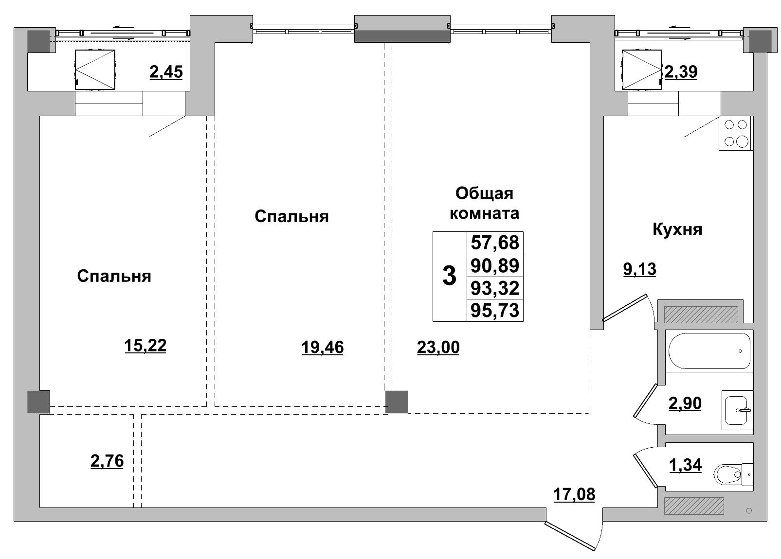 3 комн., 93.3 м²