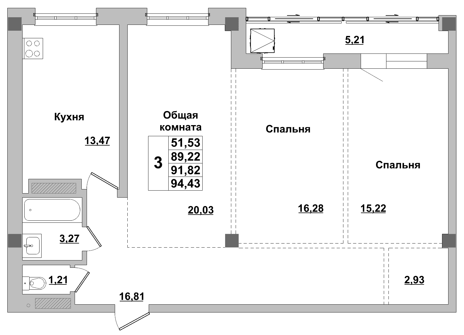 3 комн., 91.8 м²