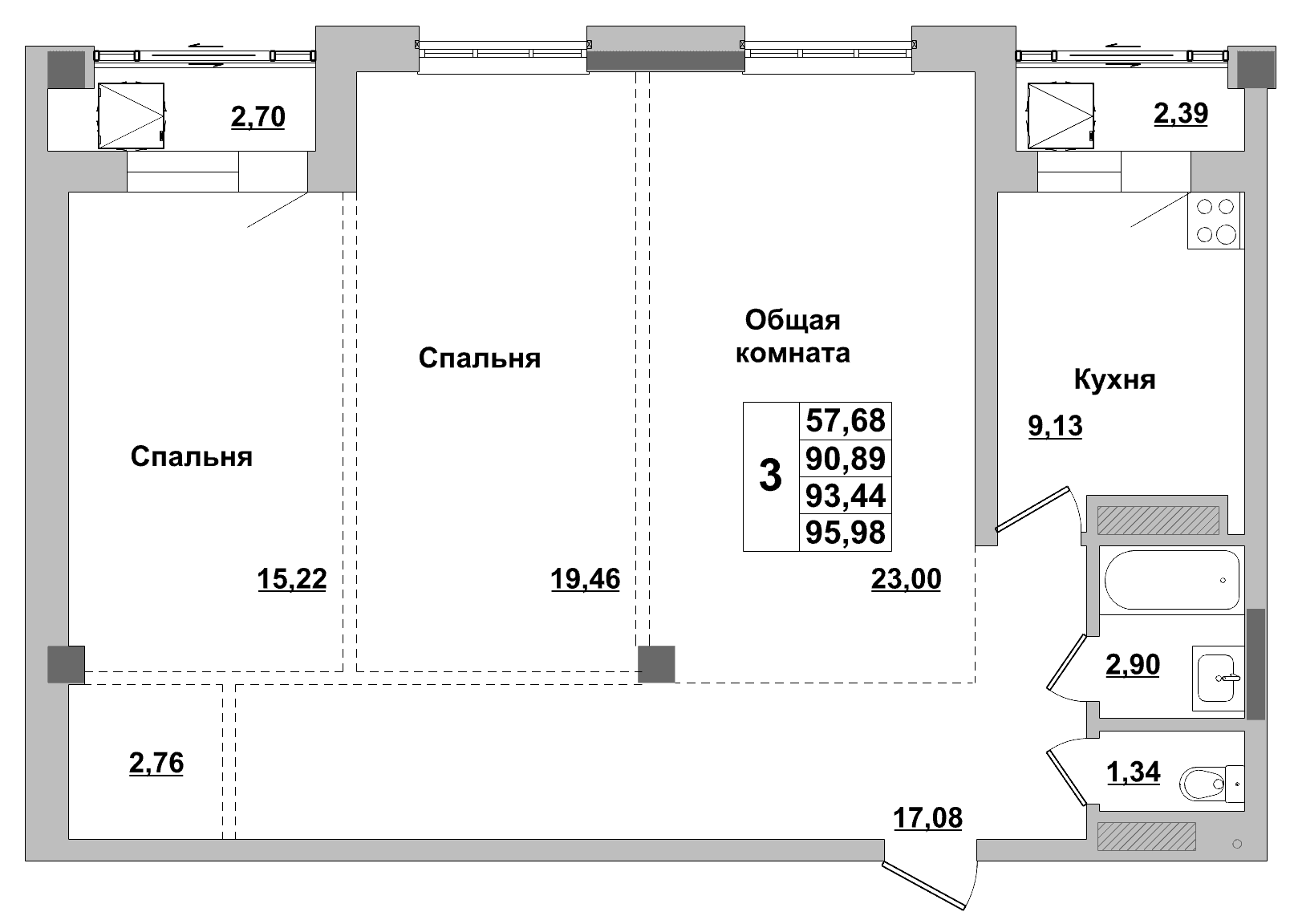 3 комн., 93.4 м²