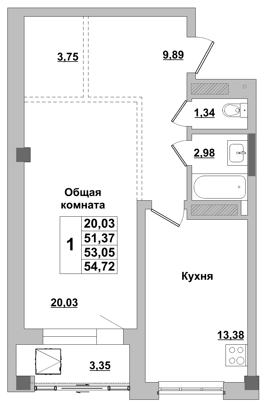 1 комн., 53.0 м²