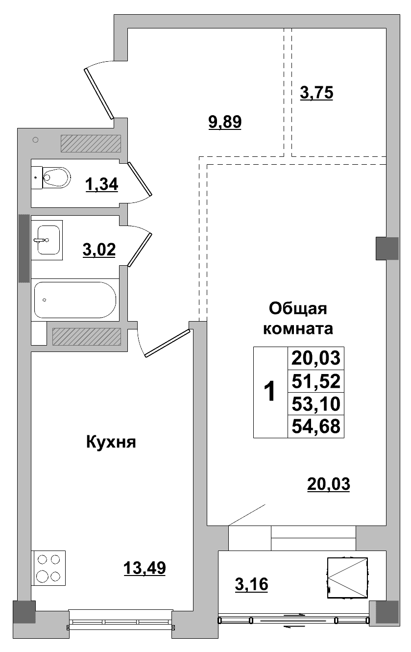 1 комн., 53.1 м²