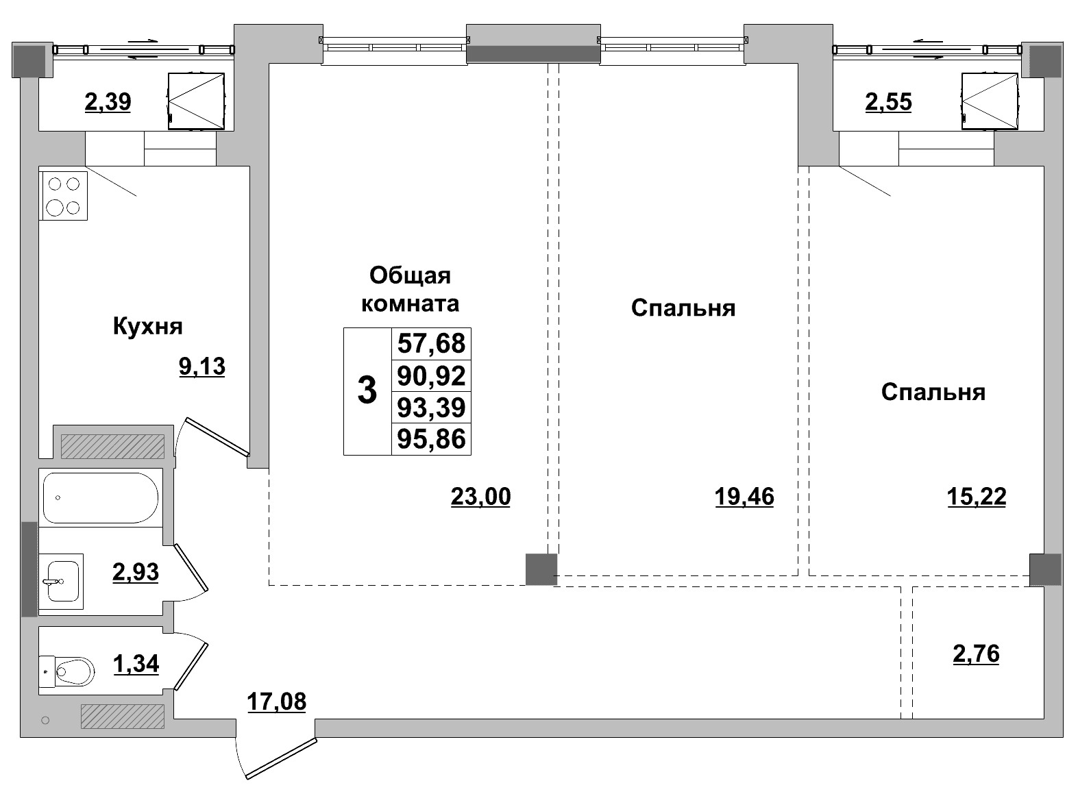 3 комн., 93.4 м²
