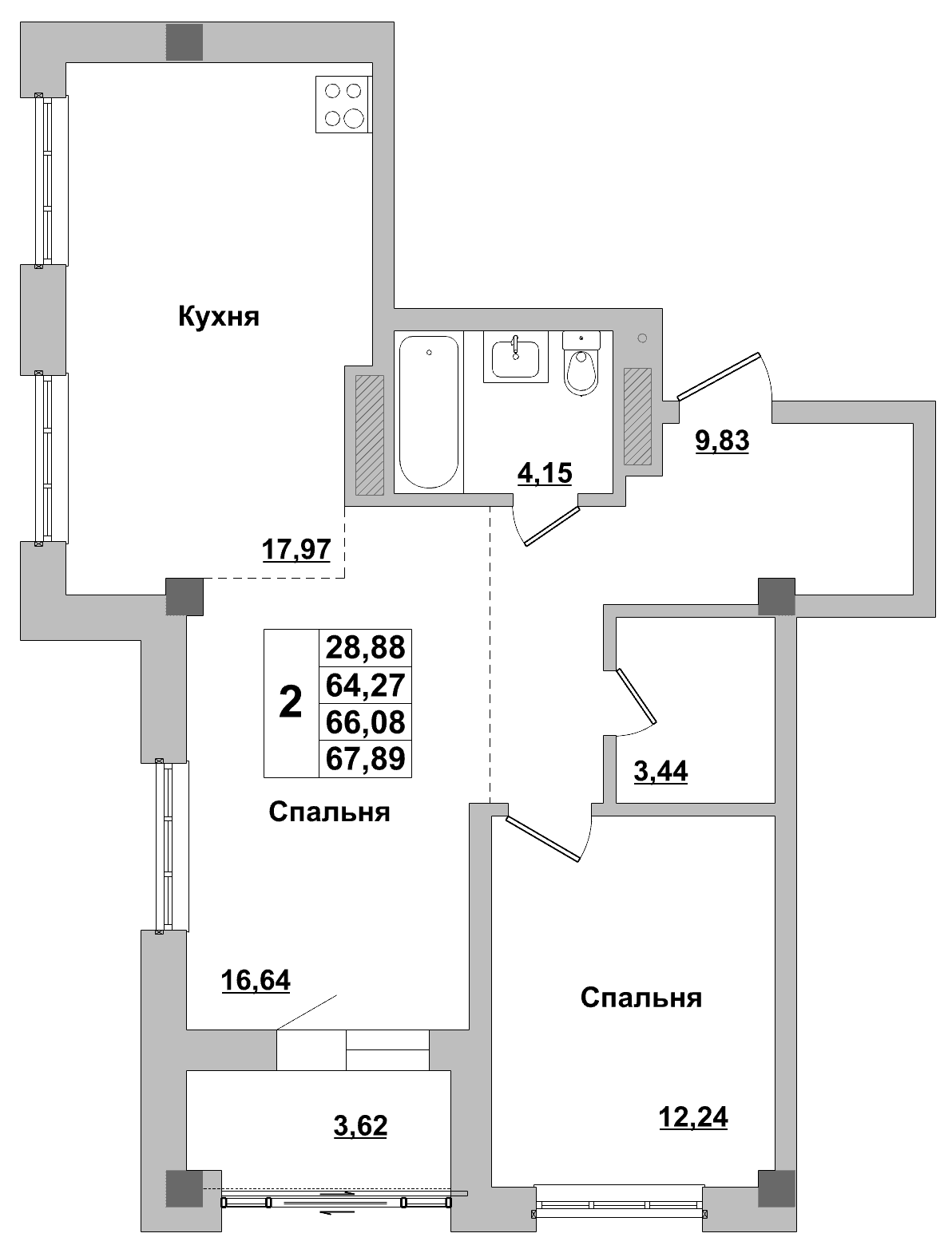 2 комн., 66.1 м²