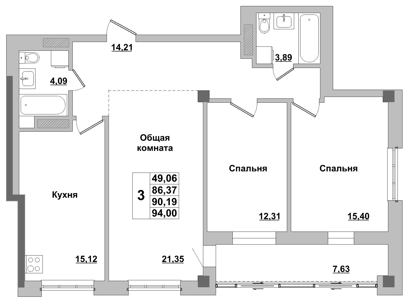 3 комн., 90.2 м²