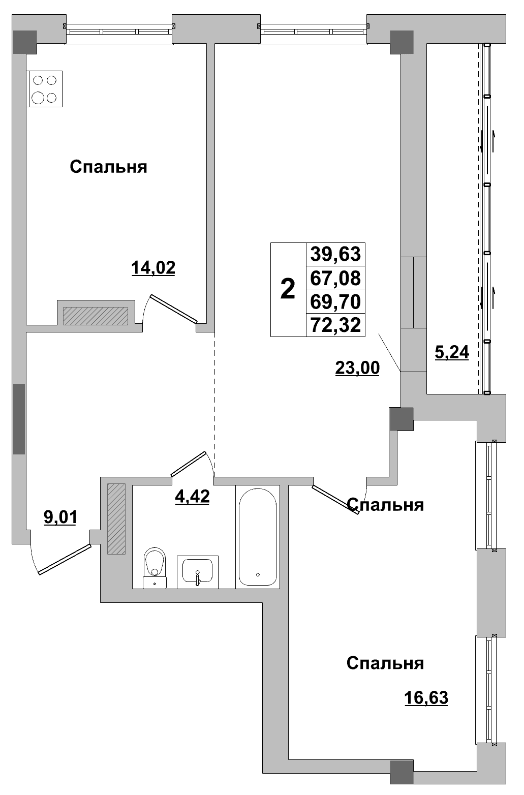 2 комн., 69.7 м²