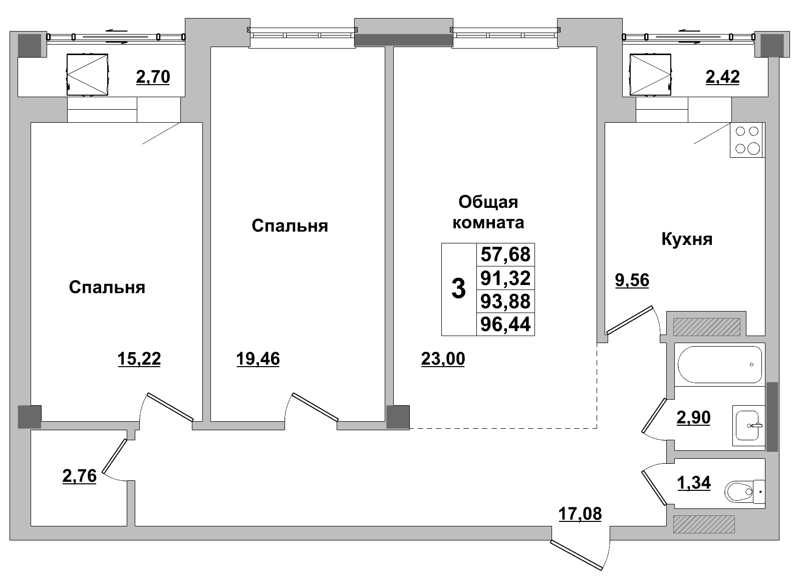 3 комн., 93.9 м²