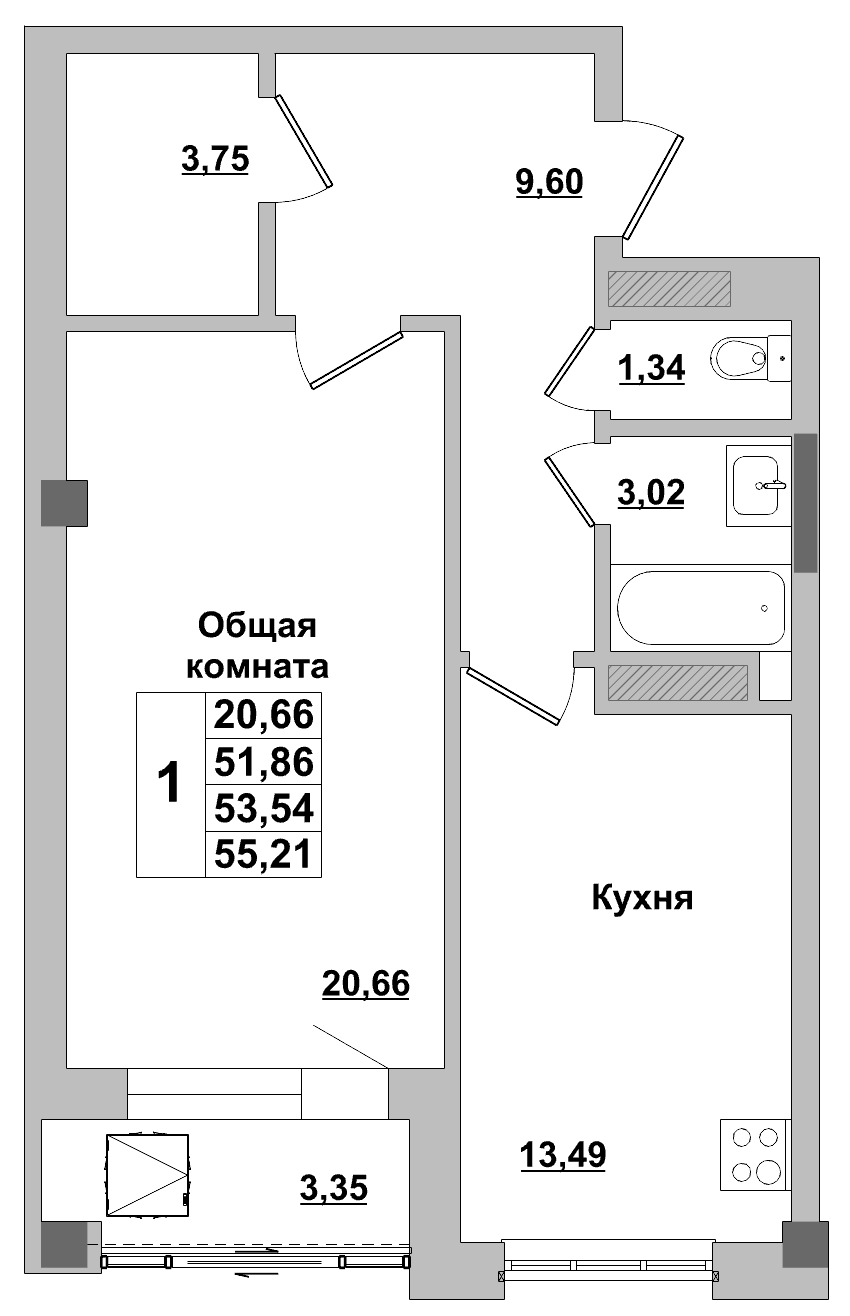 1 комн., 53.5 м²