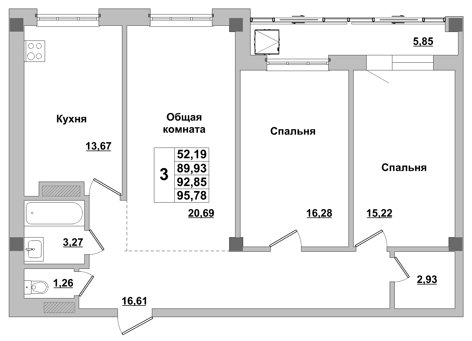 3 комн., 92.8 м²