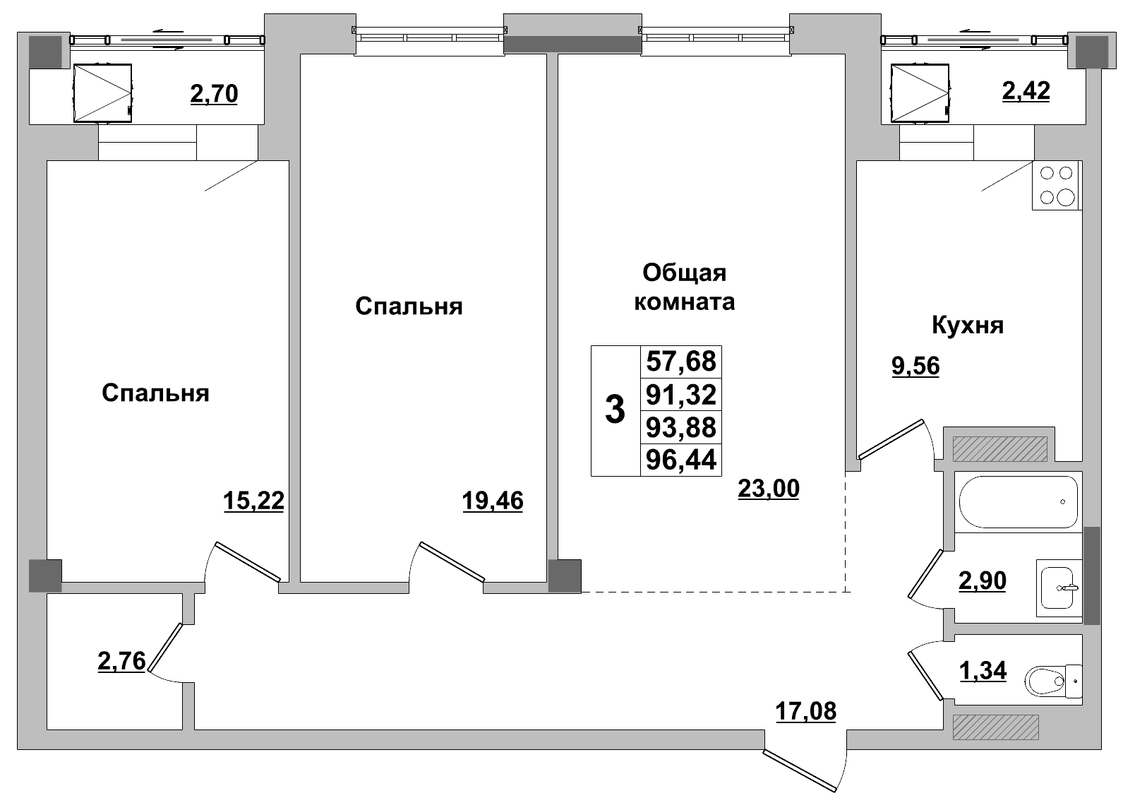 3 комн., 93.9 м²