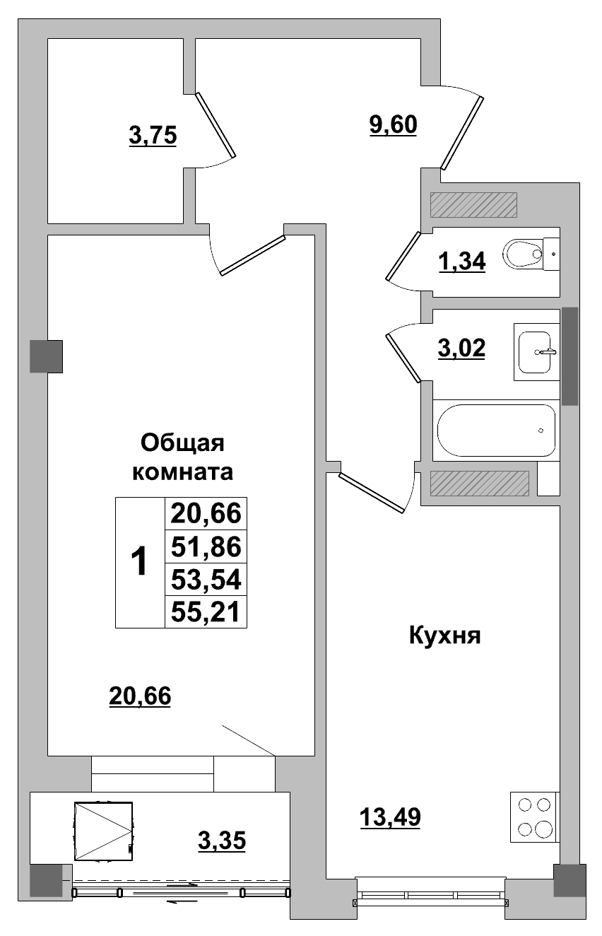 1 комн., 53.5 м²