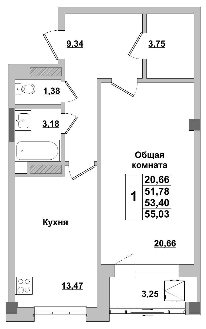 1 комн., 53.4 м²