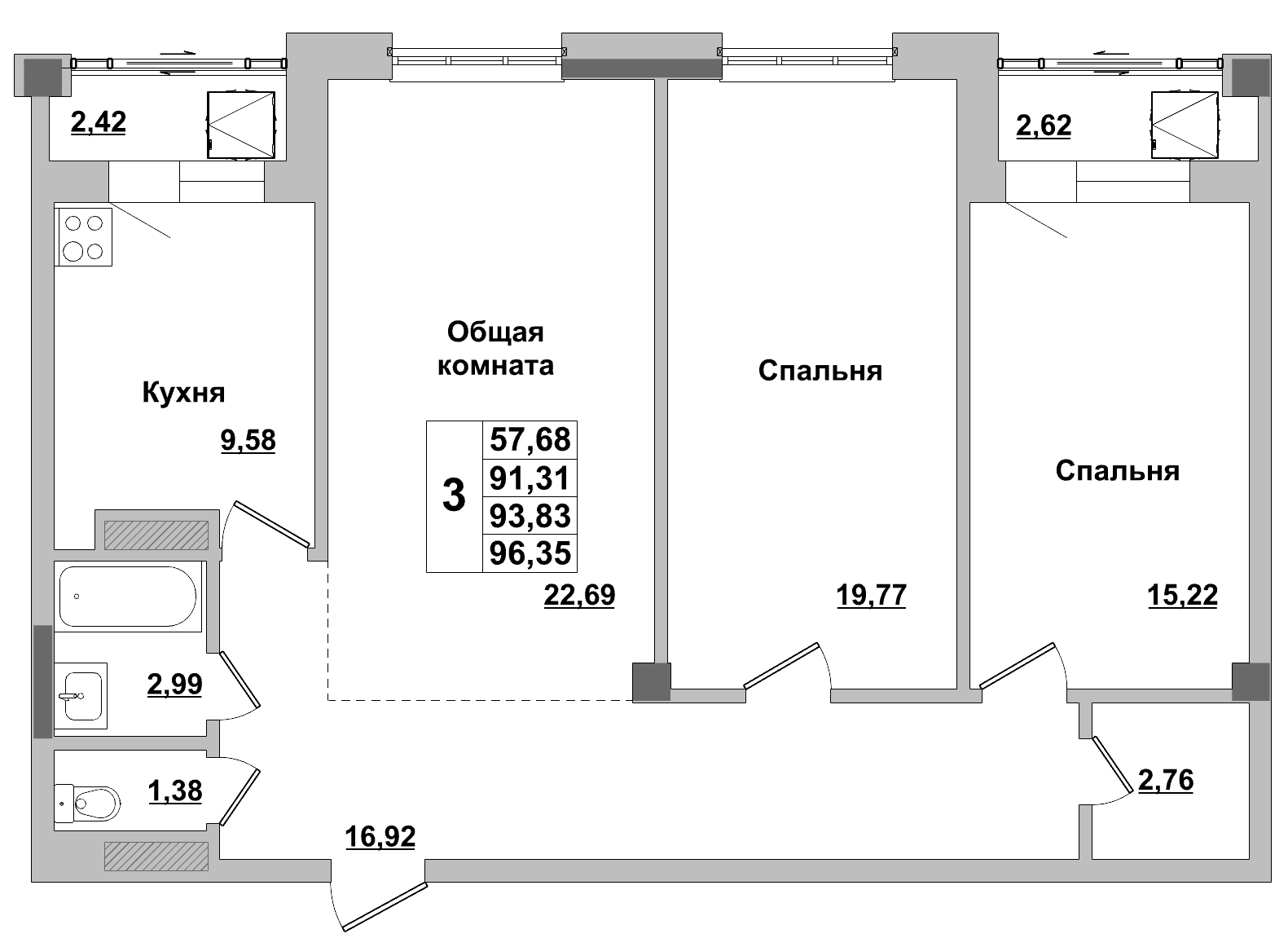 3 комн., 93.8 м²