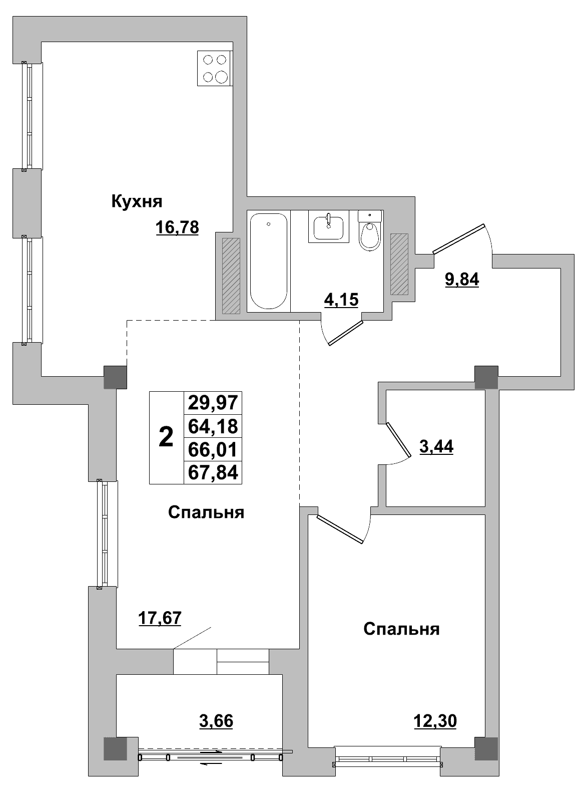 2 комн., 66.0 м²